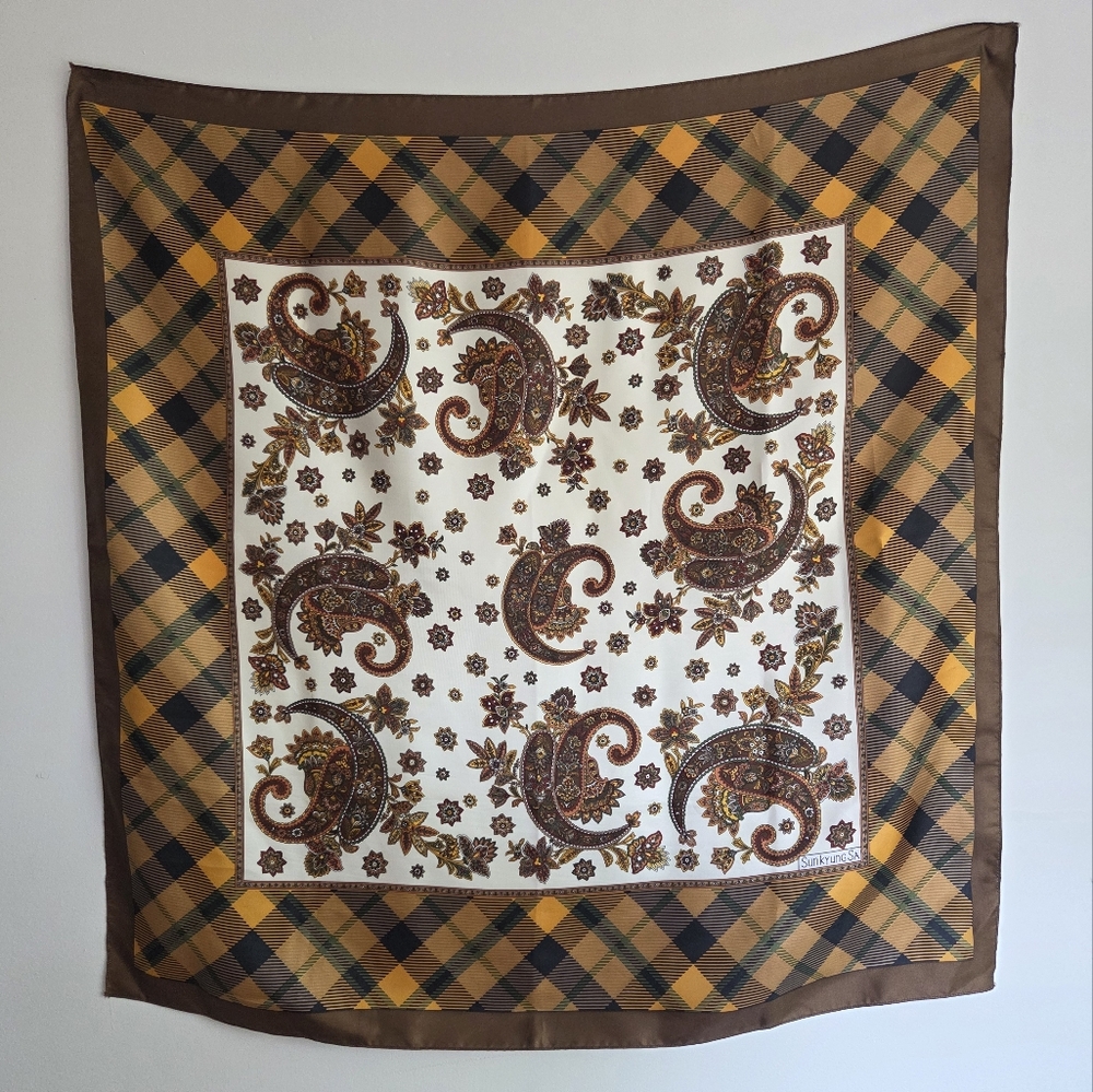 Vintage 80s Oversized Satin Scarf by 'Sun Kyung Sa' Paisley Plaid Yellow Brown